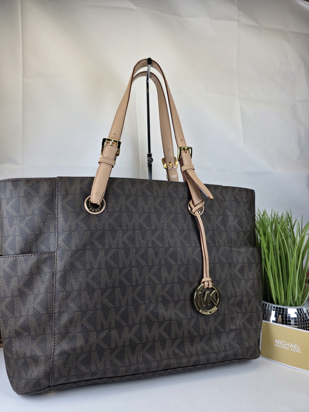 Michael Kors Jet Set Travel Brown Logo Tote Shoulder Bag Work Laptop School - Picture 3 of 13